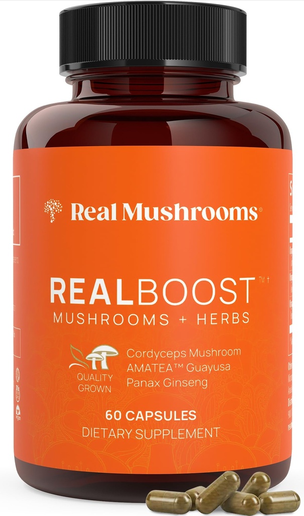 Real Mushrooms RealBoost Κάψουλες – Cordyceps Mushroom, Panax Ginseng & Guayusa Extract – για τη συνολική ευεξία και την ενεργειακή υποστήριξη – Vegan, μη-GMO, χωρίς πληρωτικά – 60 Count Mushroom συμπλήρωμα Blend