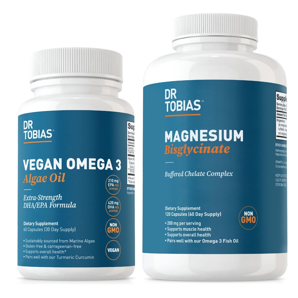 Dr. Tobias Vegan Omega 3 Algae Oil and Magnesium Bisglycinate, Essential Wellness Support for Heart, Brain, Muscle, and Bone Health, Non-GMO, Vegan