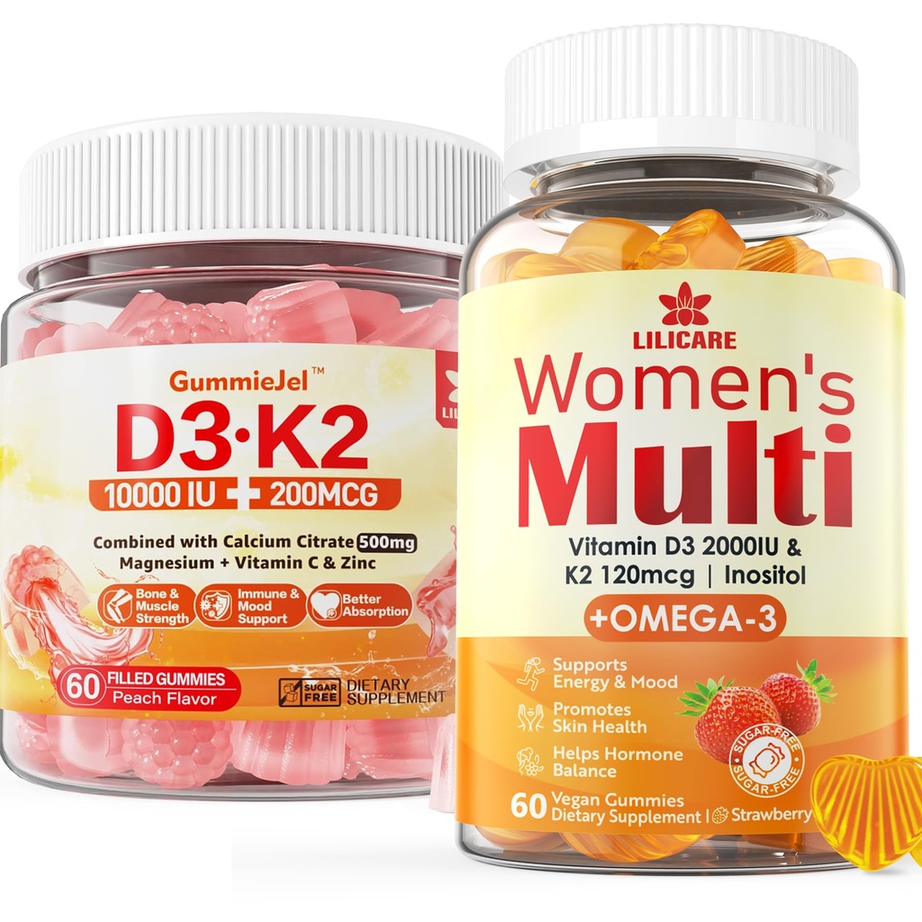 Βιταμίνη D3 K2 χωρίς ζάχαρη Γεμισμένη Gummies + Πολυβιταμίνη για γυναίκες Gummies