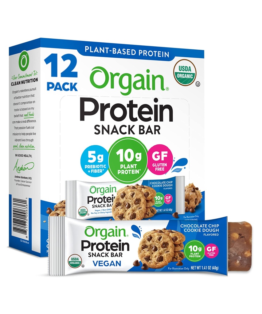 Orgain Organic Vegan Protein Bars, Chocolate Chip Cookie Dough - 10g Πρωτεΐνη με βάση το φυτό, Χαμηλή θερμίδες Υγιεινά σνακ, Όχι Λακτόζη ή συστατικά σόγιας, Χωρίς γλουτένη, Μη ΓΤΟ - 1.41 Oz (Pack of 12)