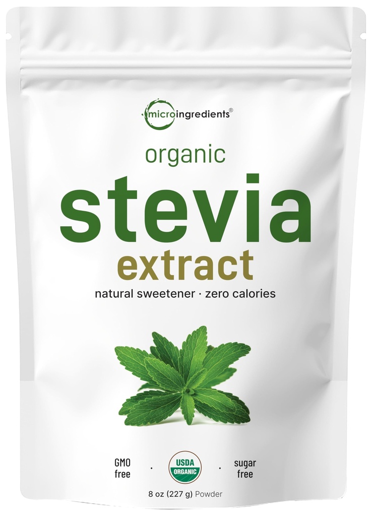 Micro Ingredients Pure Organic Stevia Powder, 8 Ounces, 1418 Serving, Highest Grade Stevia Green Leaf Extract Reb-A, Reduced Bitter Aftertaste, 0 Calorie, Natural Sweetener, Sugar Alternative, Keto Friendly