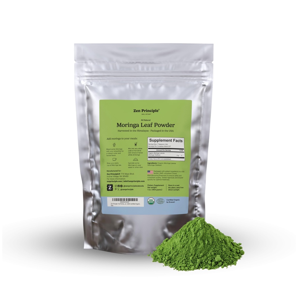 Zen Αρχή 1 lb. Premium Organic Moringa Oleifera Leaf Powder. Η USDA είναι πιστοποιημένη οργανική.