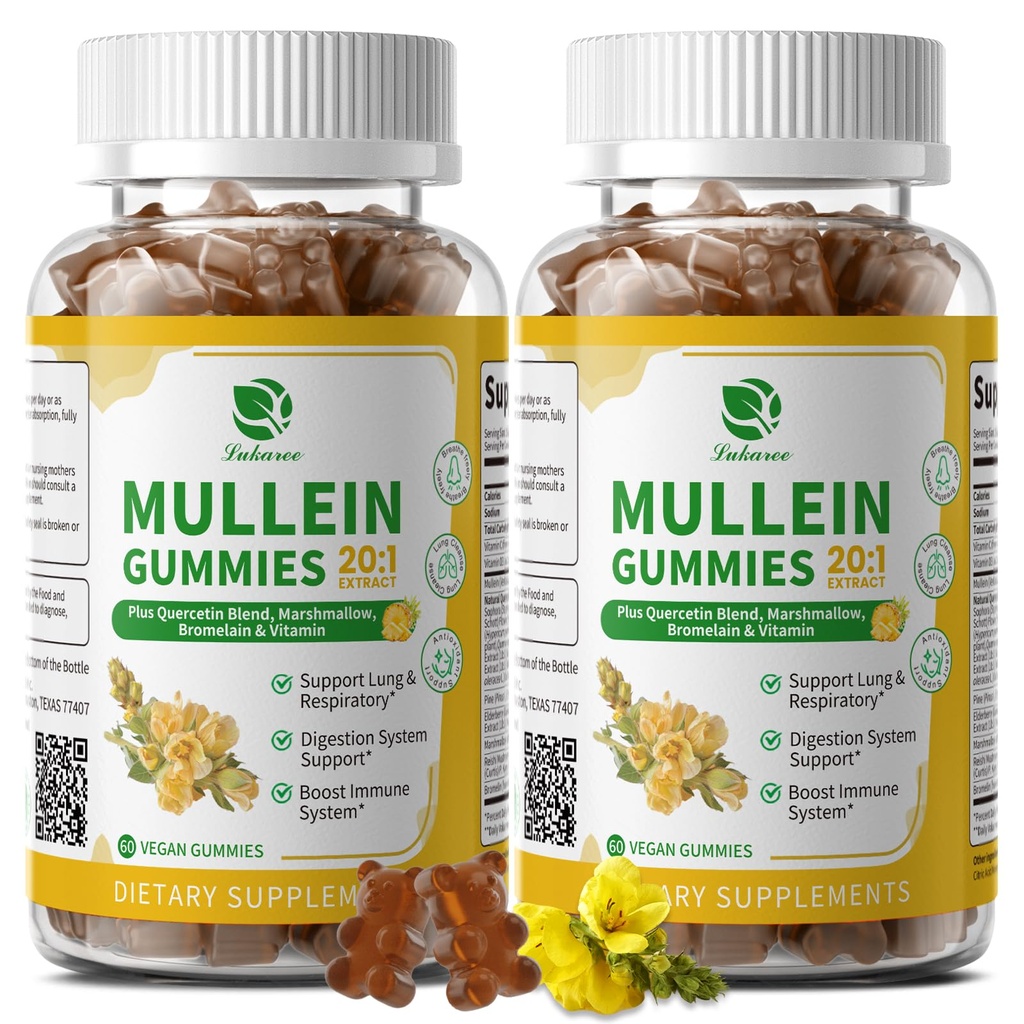 (2 Pack) 9 σε 1 Mullein Gummies για το Lung Cleanse & Detox, Extra Strength Mullein Leaf Extract w/Quercetin, Bromelain, Elderberry & Marshmallow για το αναπνευστικό, ανοσοποιητικό & Digestive, Vegan,120 Count
