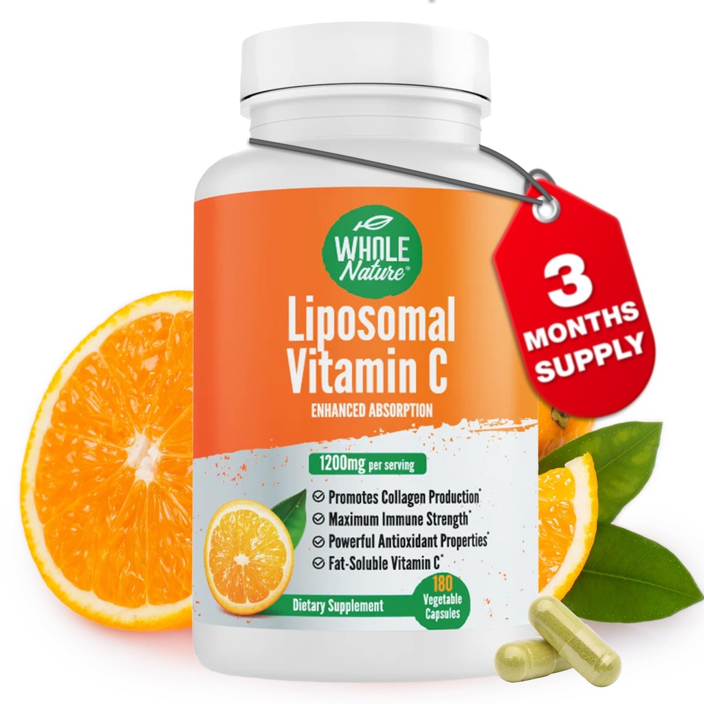 Liposomal Vitamin C Supplement Pills 1200 mg - High Absorption 180 Vegan Capsules Fat Soluble VIT C, Maximum Strength Immune System and Collagen Booster, Sunflower Lecithin
