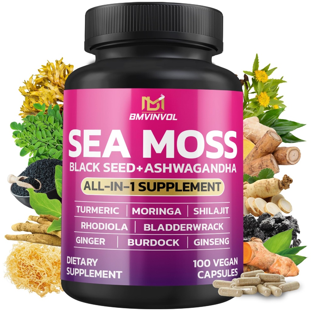 BMVINVOL Sea Moss Μαύρος Σπόρος Shilajit Ashwagandha + Bladderwrack, Ginger, Moringa, Turmeric, Burdock, Ginseng, Rhodiola Rosea - 100 Κάψουλες