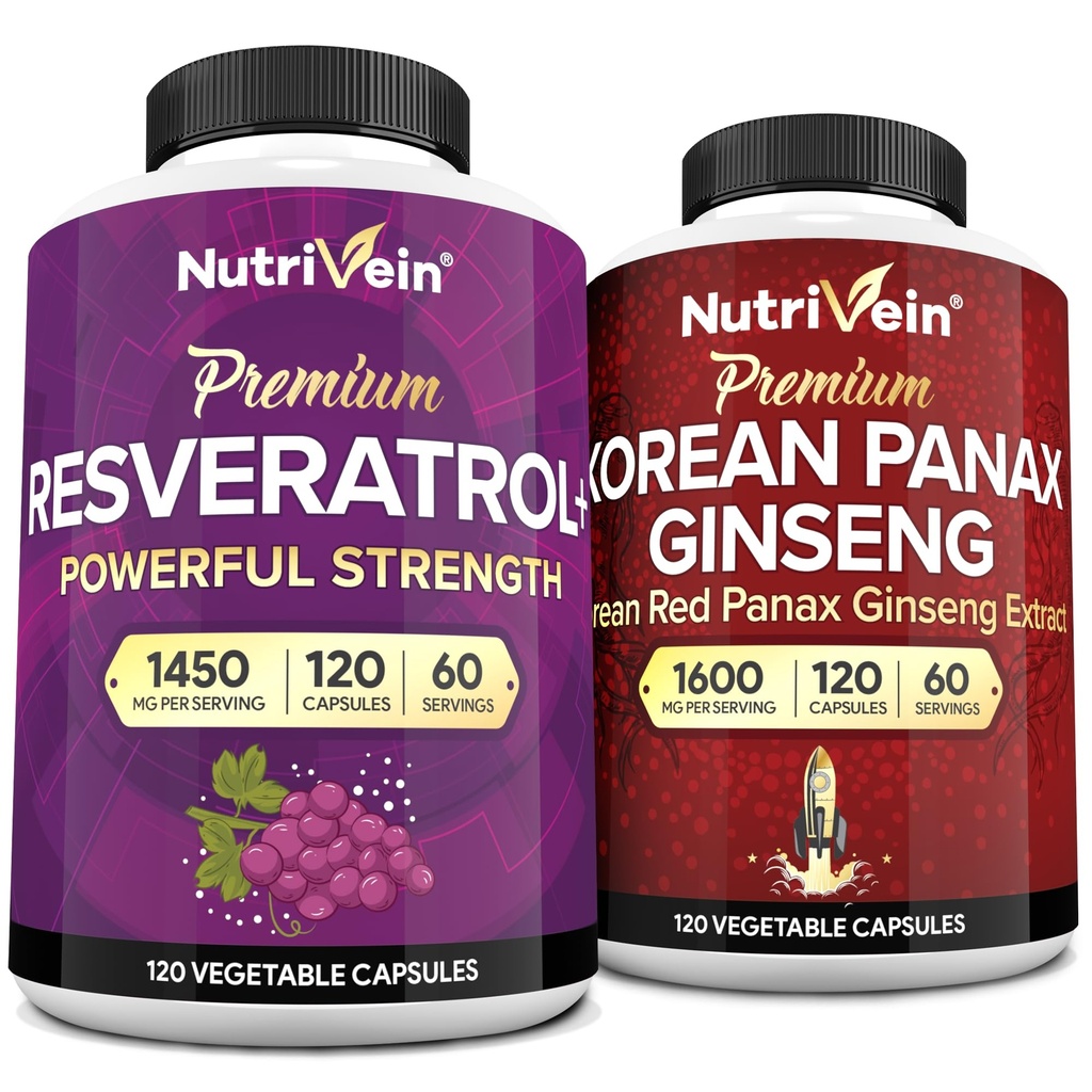 Nutrivein Premium Κορεάτης Panax Ginseng συμπλήρωμα & Resveratrol συμπλήρωμα Bundle: Υψηλής απορρόφησης Resveratrol Κάψουλες & Ginseng για τον εγκέφαλο, άμυνα, επισκευή, & ζωτικότητα