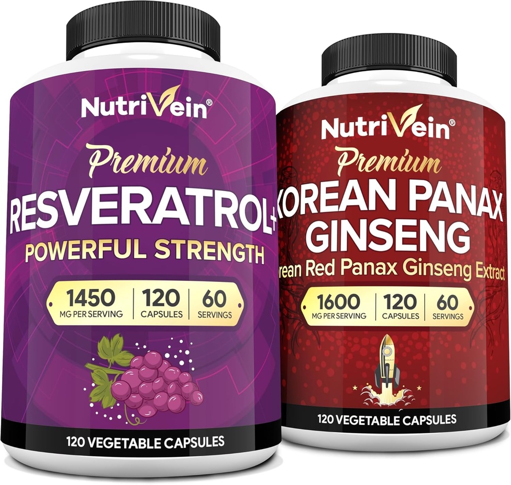 Nutrivein Premium Κορεάτης Panax Ginseng συμπλήρωμα & Resveratrol συμπλήρωμα Bundle: Υψηλής απορρόφησης Resveratrol Κάψουλες & Ginseng για τον εγκέφαλο, άμυνα, επισκευή, & ζωτικότητα