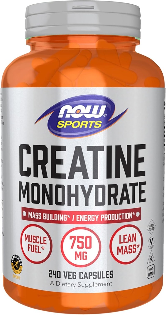 NOW Foods Sports Nutrition, Creatine Monohydrate 750 mg, Mass Building*/Energy Production*, 240 κάψουλες Veg