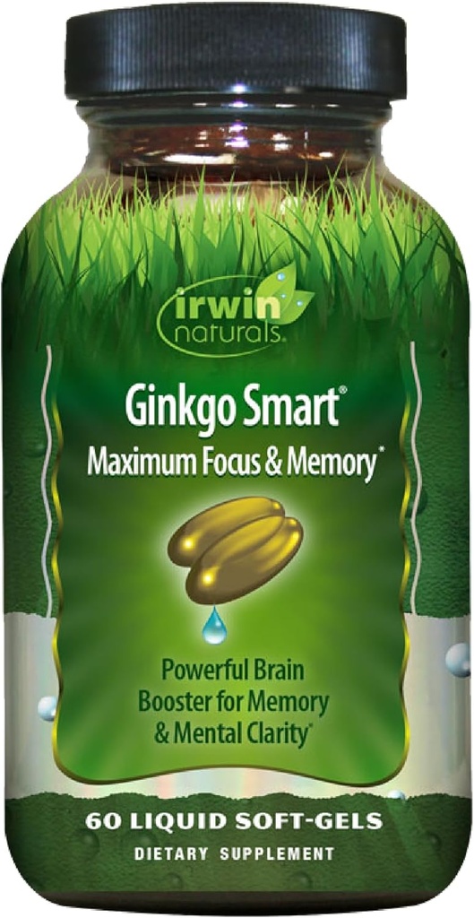 Irwin Naturals Ginkgo Smart Ισχυρός Νοοτροπικός Εγκέφαλος Booster - Υποστηρίζει μέγιστη μνήμη, εστίαση και ψυχική σαφήνεια με DMAE, Clubmoss, Choline & Acetyl L-Καρνιτίνη - 60 Liquid Softgels