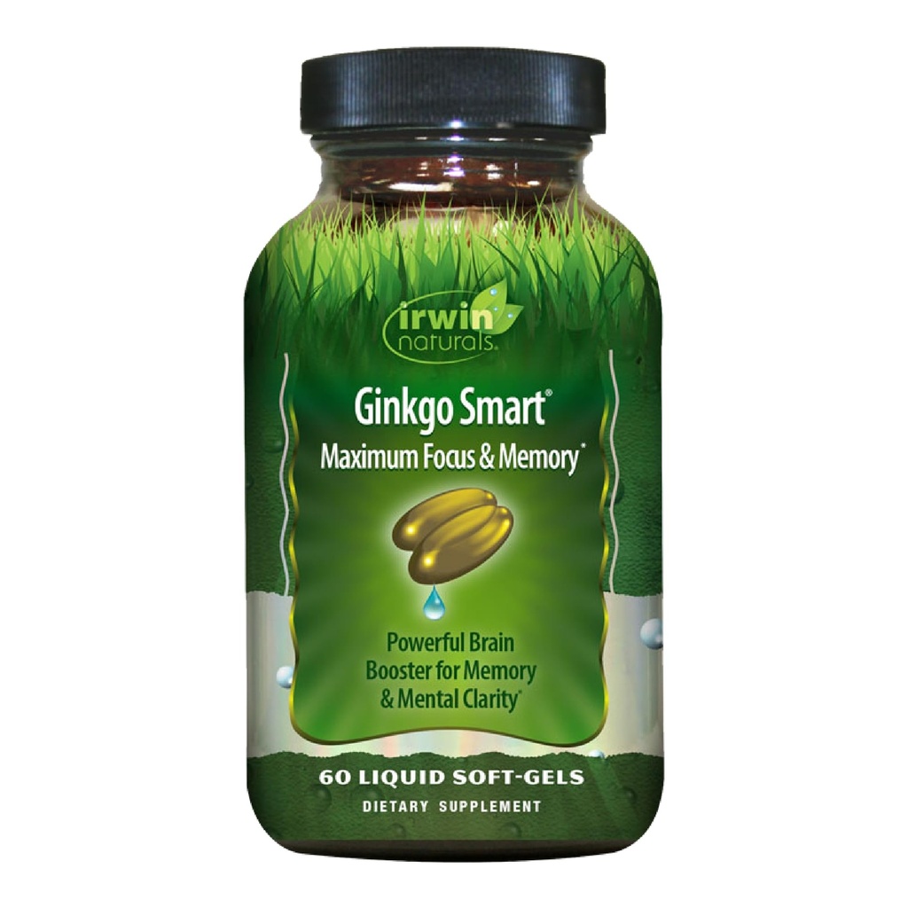 Irwin Naturals Ginkgo Smart Ισχυρός Νοοτροπικός Εγκέφαλος Booster - Υποστηρίζει μέγιστη μνήμη, εστίαση και ψυχική σαφήνεια με DMAE, Clubmoss, Choline & Acetyl L-Καρνιτίνη - 60 Liquid Softgels
