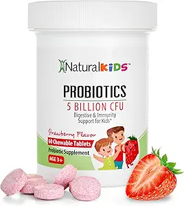 Probiotics for Kids Digestive Health, Immune Support & Kids Gut Health Supplements with 5 Billion CFU for Children Age 3 Up - Strawberry Flavor 60 Chewable Probiotic Tablets