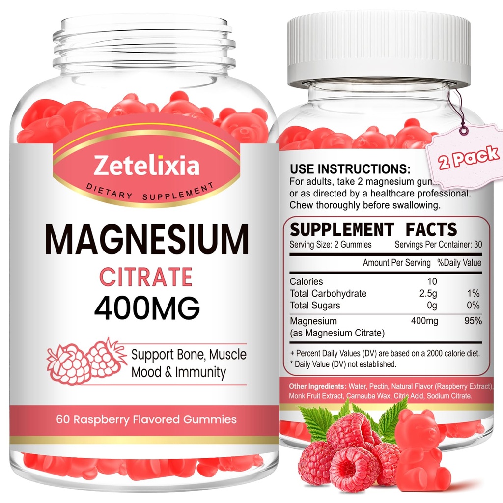 2 Συσκευασία Μαγνήσιο Κιτρικό Gummys 400MG, Υψηλή Απορρόφηση Μαγνήσιο Gummies για ενήλικες, τους μυς και τα δόντια Υποστήριξη, Vegan 120 Cts