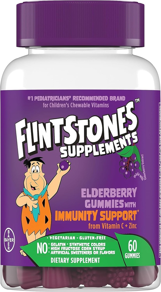 Flintstones Βιταμίνες Elderberry Gummies για Παιδιά με Ανοσία Υποστήριξη από Βιταμίνη C & Ψευδάργυρο, Ανοσοποιητική υποστήριξη Gummies, Πολυβιταμίνη για Παιδιά, Χωρίς Γλουτένη, 60 Count