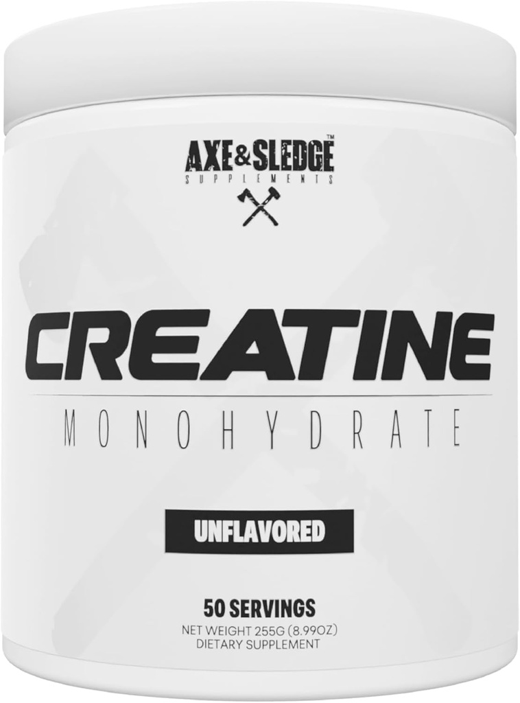 Axe & Sledge Supplements Basics Creatine, Enhances Strength, Increases Lean Body Mass, Boosts Performance, Unflavored, 50 Servings