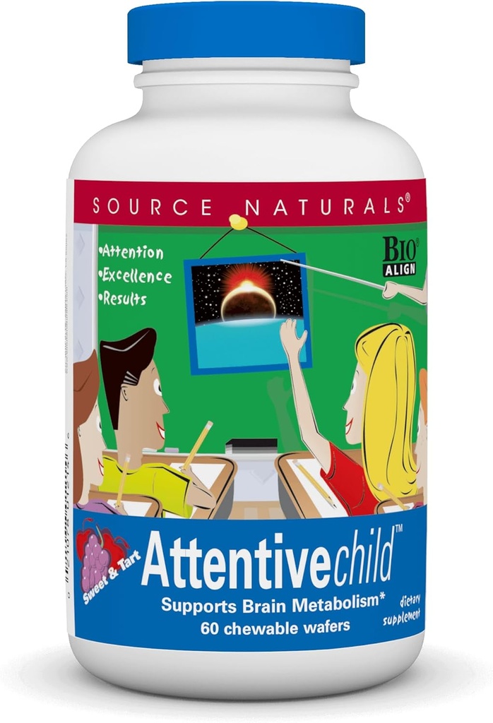 Source Naturals Attentive Child - Healthy Cognitive Nutrients for Active Children - Βελτιωμένη Εστίαση & Προσοχή με DMAE, Μαγνήσιο, Ψευδάργυρο & Grape Seed Extract - 60 Chewable Wafers.