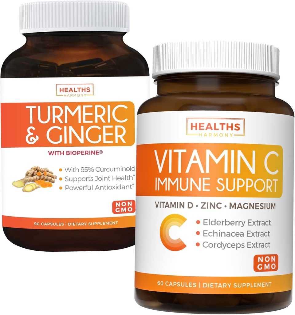 Bundle of Vitamin C Immune Support & Turmeric Curcumin - Daily Support: Immune + Joint Health - Immune Support - Vitamin C with Zinc (Non-GMO) & Turmeric Curcumin - Black Pepper Extract (Non-GMO)