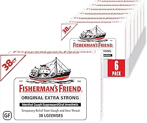 Fisherman's Friend Cough Drops, Cough Suppressant and Sore Throat Lozenges, Original Extra Strong, 10mg Menthol, 228 Drops (6 Packs of 38)