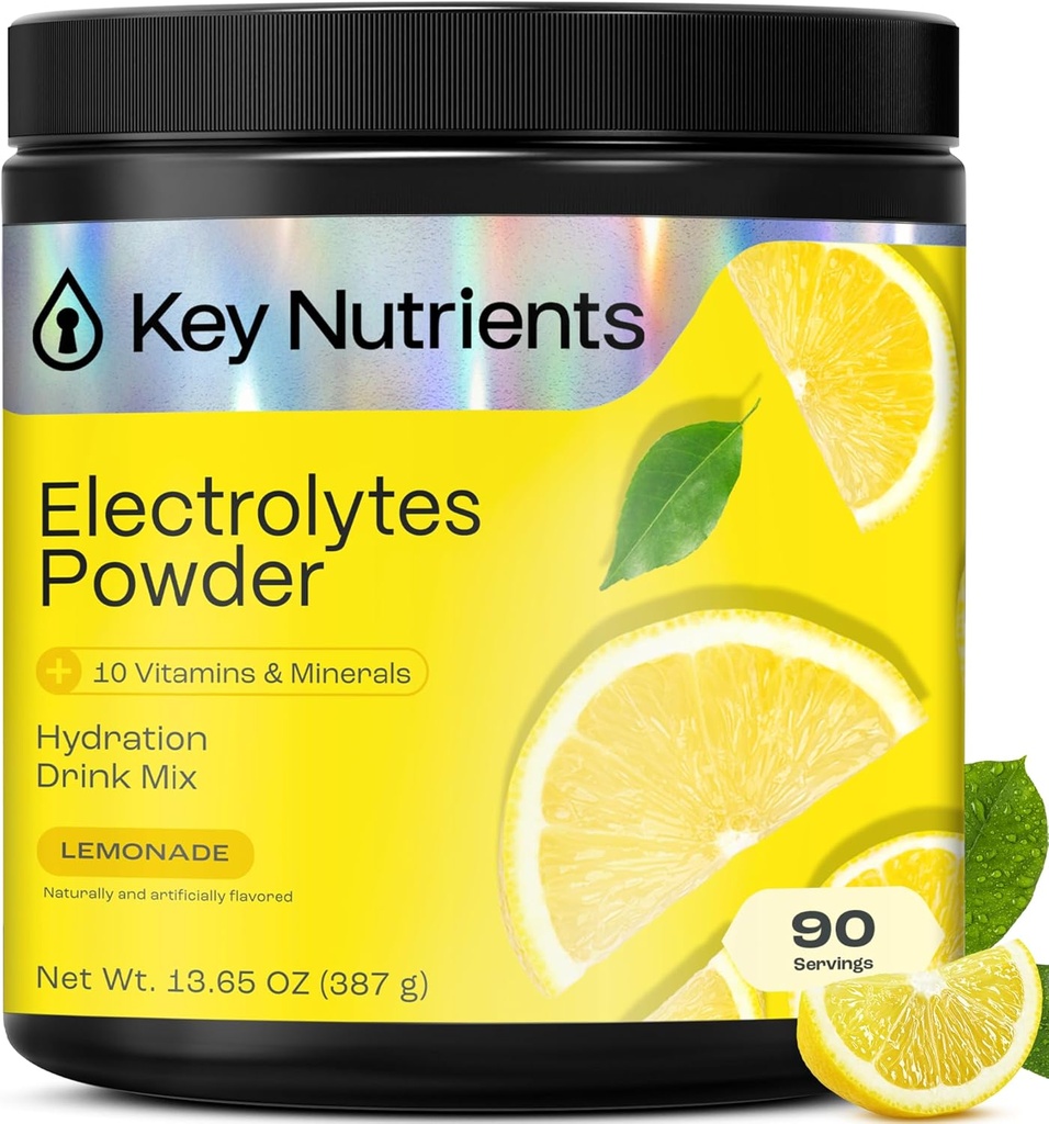 KEY NUTRIENTS Multivitamin Electrolytes Powder No Sugar - Refreshing Lemonade Electrolyte Powder - Sodium & Energy Supplement - Hydration Powder - No Calories - 90 Servings - Made in USA