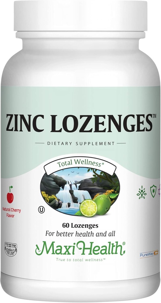 Maxi-Health Zinc Lozenges - ψευδάργυρος Citrate 10mg - με βιταμίνη C - Cherry Flavor - 60 Μασώμενα - Kosher