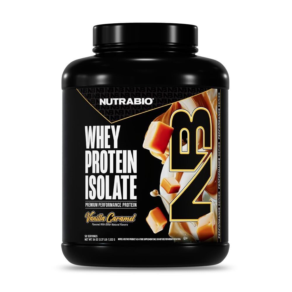 NutraBio 100% Whey Protein Isolate Protein Powder, 25g Protein with Complete Amino Acid Profile, Non-GMO, Soy & Gluten Free, Low Carb, Low Calorie Whey Protein Powder, Vanilla Caramel, 50 Servings