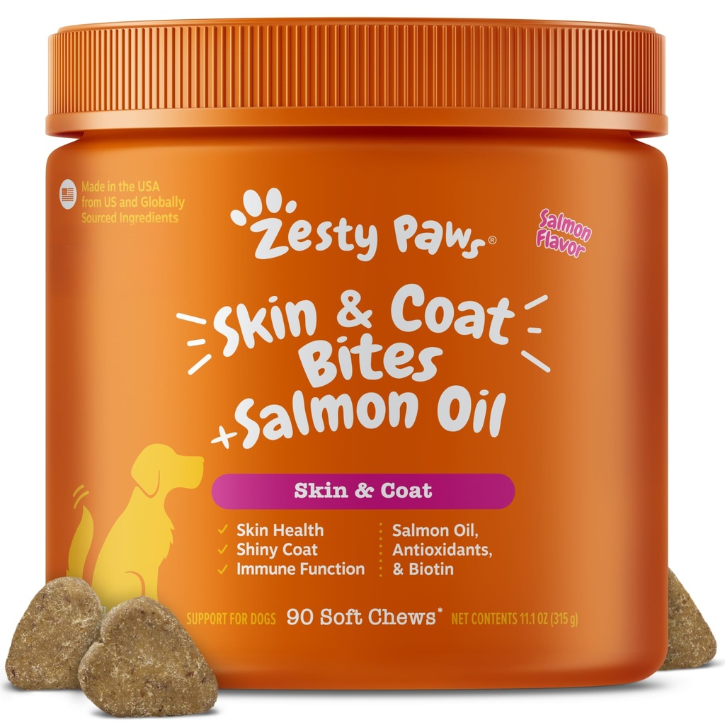 Zesty Paws Salmon Oil για σκύλους Δέρμα και το παλτό, Ωμέγα 3 τσίχλες ιχθυέλαιο, Αλλεργία ανακούφισης σκύλο, Itch συμπλήρωμα ανακούφισης, 90 κόμης, σολομός γεύση