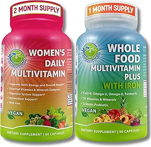 Vegan Whole Food Multivitamin with Iron & Women’s Daily Multivitamin with Iron, Organic Superfoods, Probiotics & Diestive Enzymes Bundle – Vegan, Non-GMO, Clean Daily Wellness Support