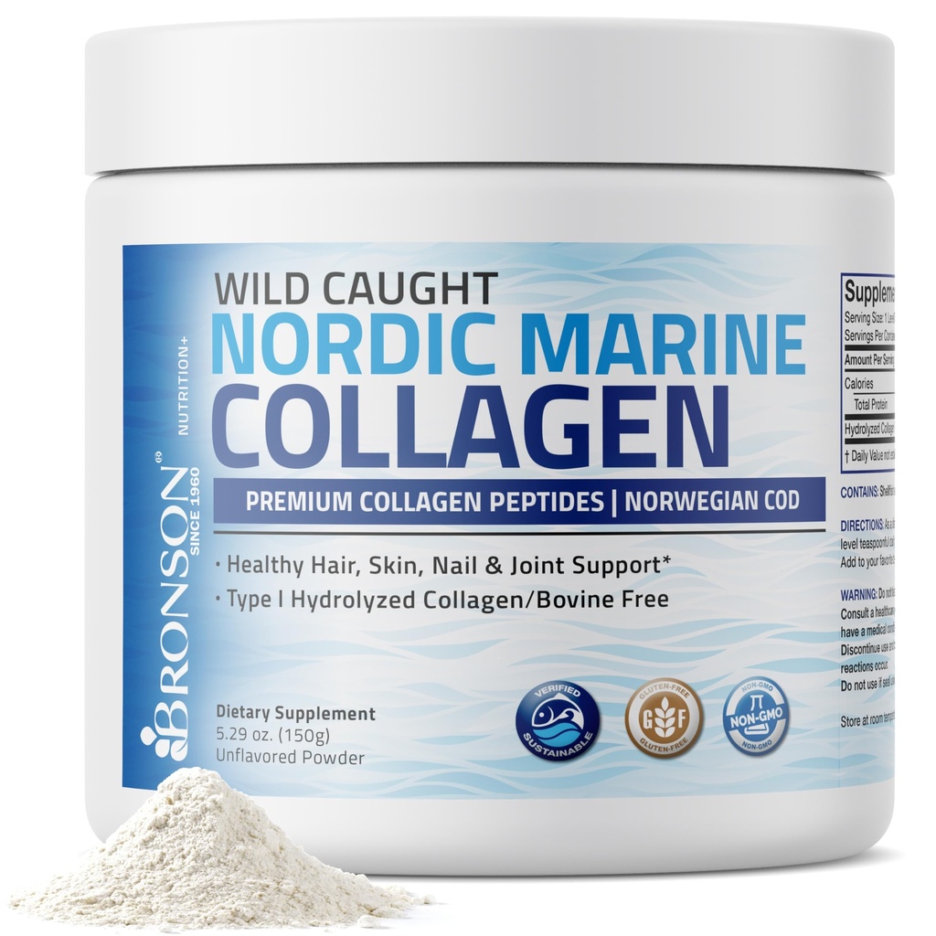 Bronson Marine Collagen Peptides Hydrolyzed Protein Powder 100% Wild Caught Nordic Cod Verified Sustainable Source for Joints Skin Hair Nails & Bones 150g (5.29oz)