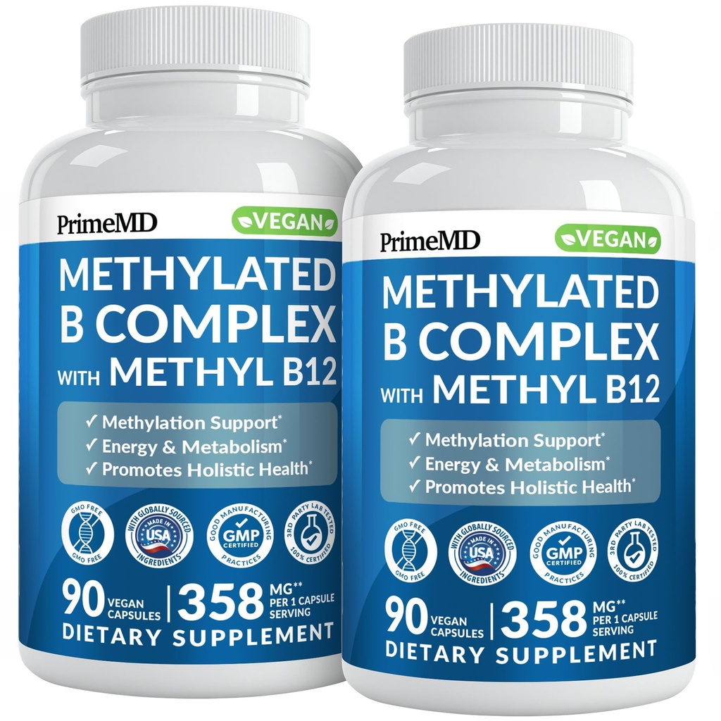 Methylated B Complex with Methylfolate and B12 Methylcobalamin 1000 mcg - Methylated Multivitamin for Energy, Brain Function, and Wellness - Vitamin B Complex for Men & Women (180 Servings, Pack of 2)