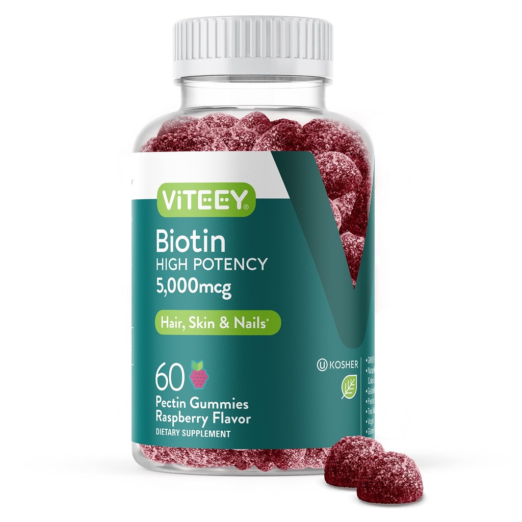 Viteey Biotin Gummies για το δέρμα των μαλλιών και τα νύχια - Βιοτίνη για την ανάπτυξη των μαλλιών Gummies - 5000 mcg - Vegan, χωρίς γλουτένη, μη GMO – 60 κόμης