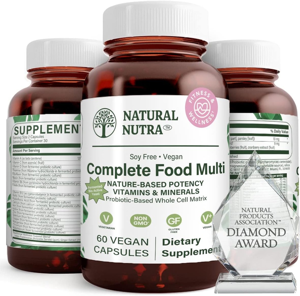 Natural Nutra Ολόκληρα τρόφιμα Πλήρης πολυβιταμίνη και ορυκτά για γυναίκες και άνδρες, Ενισχυτής ενέργειας, βοηθά στη διατήρηση συμπλήρωμα υγείας των οστών, βελτιώνει τη λειτουργία του εγκεφάλου και το δέρμα, να βοηθήσει να ενισχύσει την ασυλία 60 κάψουλες