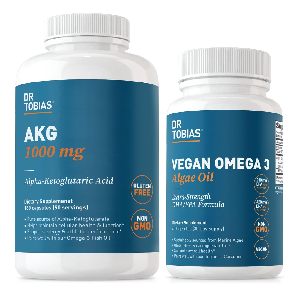 Dr. Tobias AKG συμπλήρωμα & Vegan Omega 3 Algae Oil, υποστήριξη Cellular Energy & συνολική υγεία με AKG, EPA & DHA, Vegan, χωρίς γλουτένη, μη GMO