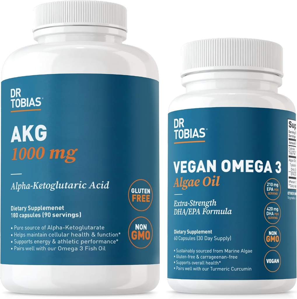 Dr. Tobias AKG συμπλήρωμα & Vegan Omega 3 Algae Oil, υποστήριξη Cellular Energy & συνολική υγεία με AKG, EPA & DHA, Vegan, χωρίς γλουτένη, μη GMO