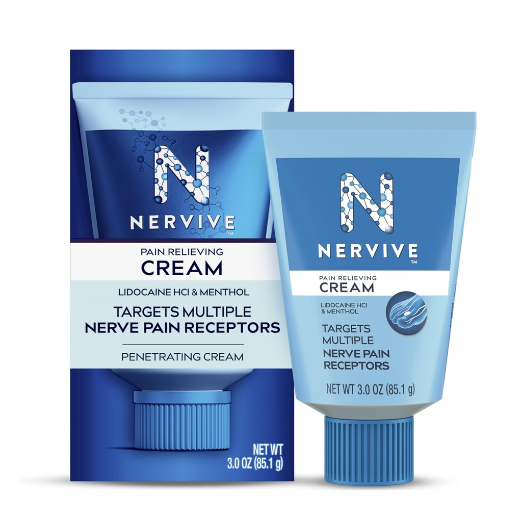 Nervive Pain Relieveing Cream, Max Strength Non-Greasy Topical Pain Reliever με Λιδοκαΐνη και Μέντχολ για δάχτυλα, πόδια, δάχτυλα, χέρια, πόδια & χέρια, 3.0oz
