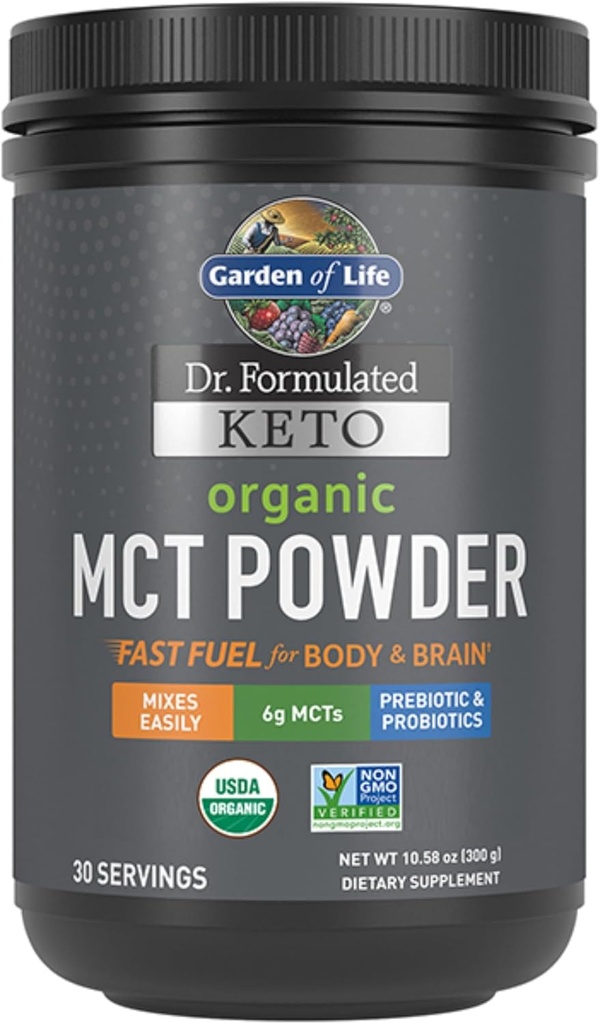Garden of Life Dr. Formulated Keto Organic MCT Powder - 30 Σερβιέτες, 6g MCTs από Coconuts Plus Προβιοτικές Ίνες & Προβιοτικά, Πιστοποιημένα Βιολογικά, Μη ΓΤΟ, Vegan, Χωρίς Γλουτένη