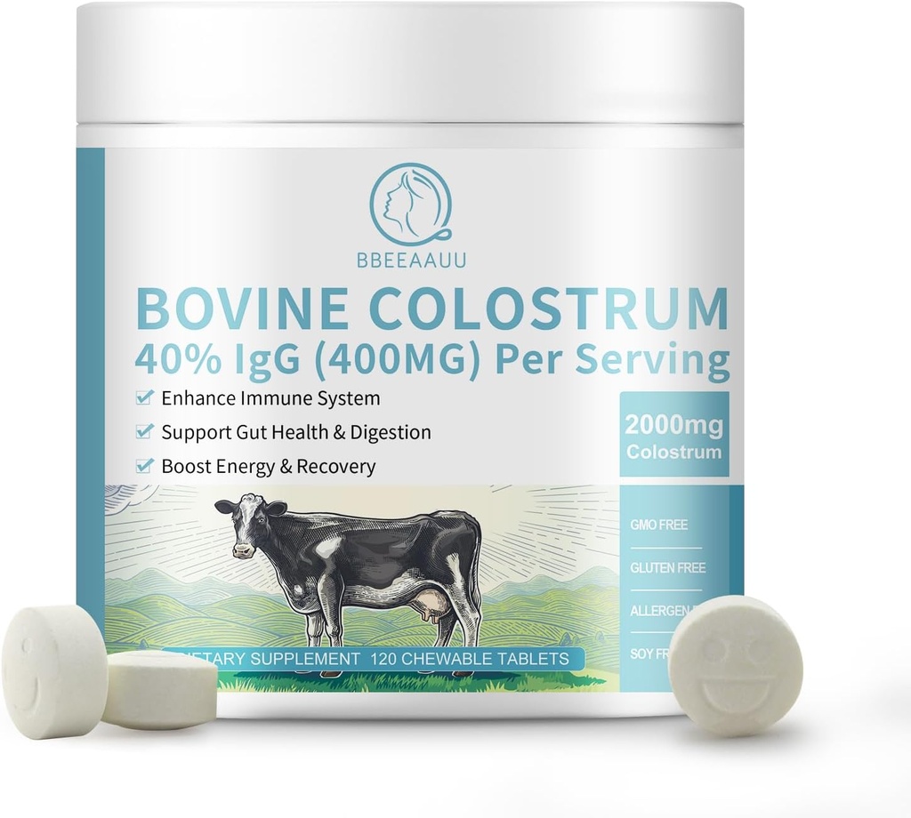 Βοοειδή Colostrum 120 Μασώμενα Δισκία, 2000mg Συμπλήρωμα Colostrum 40% IgG, για την ανοσοποιητική υποστήριξη, την υγεία των ούλων, την ανάπτυξη των μαλλιών, την ενέργεια, 100% χόρτο Fed & First-Milking, χωρίς γλουτένη, χωρίς σόγια-free