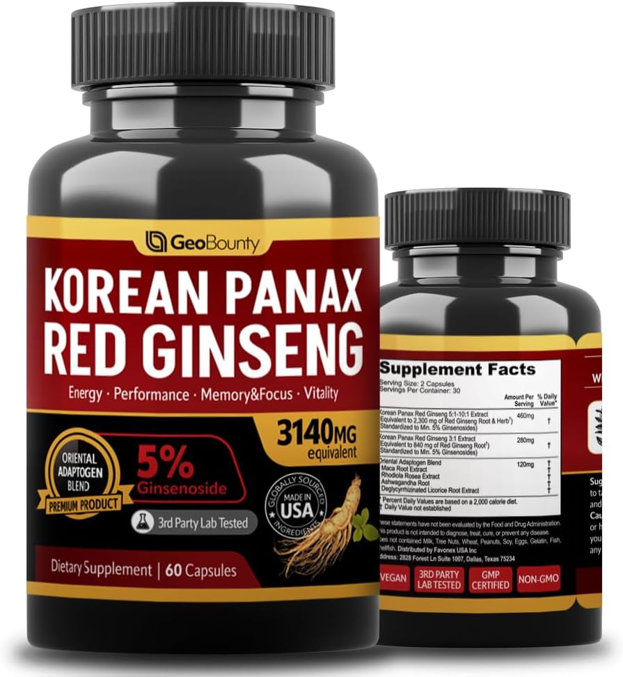 Κορεάτικα Panax Red Ginseng, Red Ginseng Συμπληρώματα Premium 3140mg (Ginsenoside 5%) Κορεάτικα Red Ginseng Intensive 60 Κάψουλες (Maca Root) Κατασκευασμένες στις ΗΠΑ