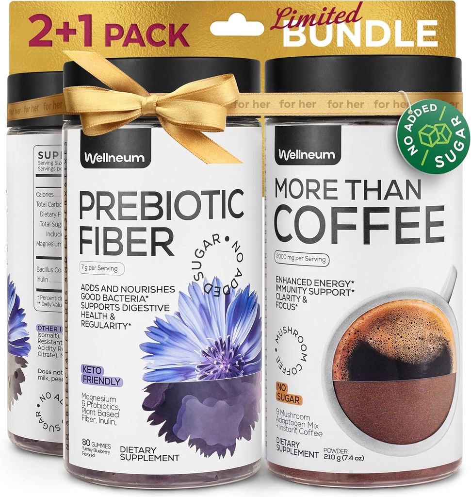 Mushroom Coffee and High Prebiotic Fiber Gummies Bundle - 9 Mushroom Adaptogen Mix, Dietary Fiber 7G, Probiotic - Instant Mushroom Coffee and Fiber Chews for Immunity, Gut Health - for Men and Women