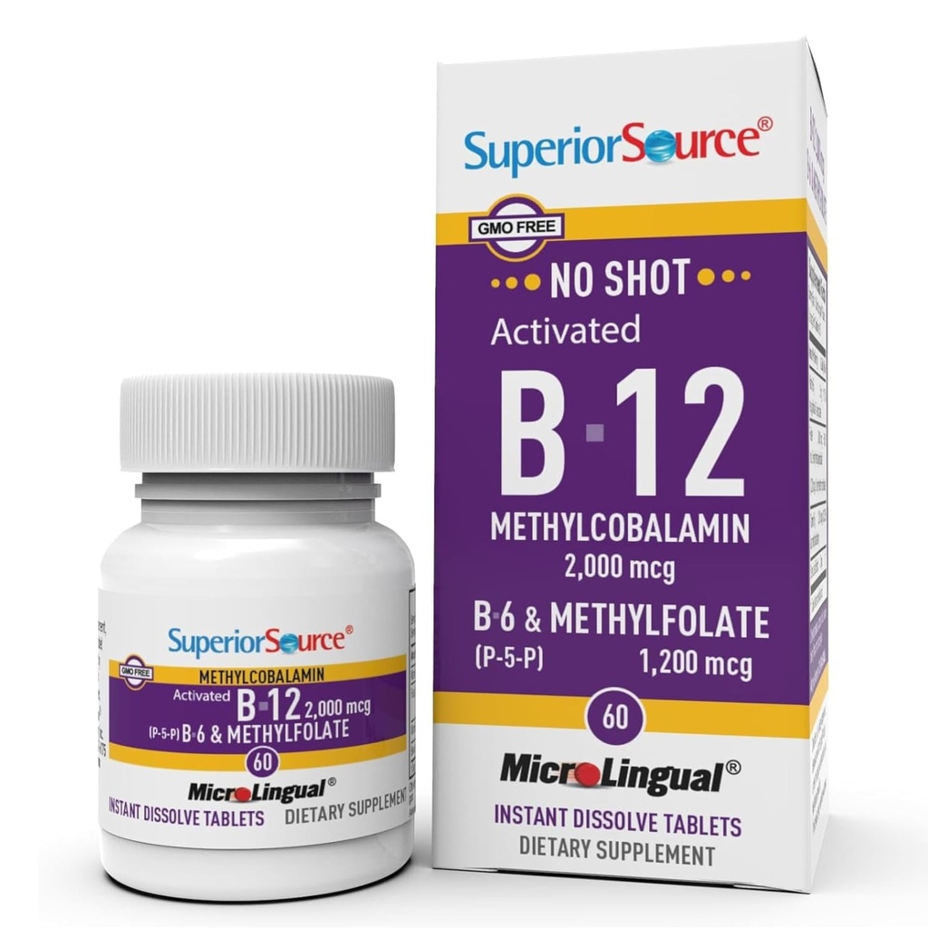 Superior Source No Shot Vitamin B-12 Methylcobalamin 2000 mcg, B-6, & Methylfolate 1200 mcg - Υποστηρίζει την ενέργεια, τον εγκέφαλο και την καρδιά Υγεία - Bariatric Friendly - 60 Υπογλώσσια Δισκία Διάλυσης