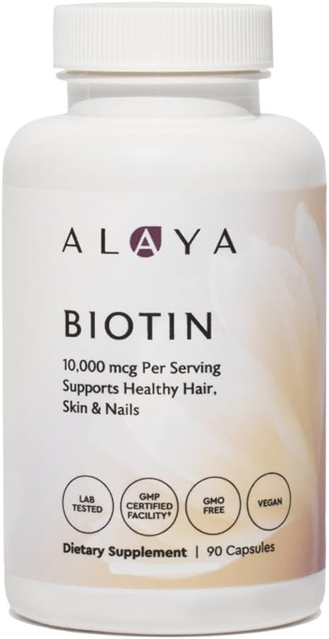 Alaya Naturals - Biotin 10,000mcg, 90 Capsules - Supports Healthy Hair, Skin & Nails
