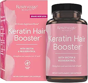 Reserveage Beauty Keratin Hair Booster with Biotin & Resveratrol - Hair & Nail Growth Supplement for Women - Supports Healthy Thickness & Shine with Biotin - 120 Capsules (60 Servings)