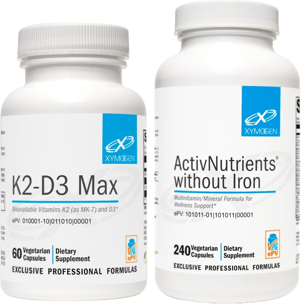 XYMOGEN ActivNutrients Without Iron (240 Κάψουλες) + K2-D3 Max (60 Κάψουλες) - Πολυβιταμίνη για την ενέργεια και τη διάθεση Υποστήριξη με Βιταμίνη D 5000 IU Κάψουλες + Βιταμίνη K2