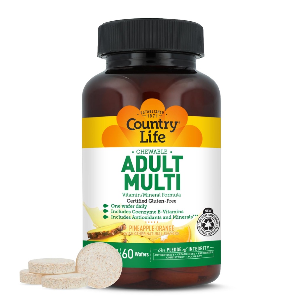 Country Life Adult Chewable Multivitamin with Coenzyme B-Vitamins, Antioxidants, Minerals, Pineapple-Orange Flavor - Υποστηρίζει τον Ενεργειακό Μεταβολισμό και την Ανοσοποιητική Υγεία, Χωρίς Γλουτένη - 60 Wafers
