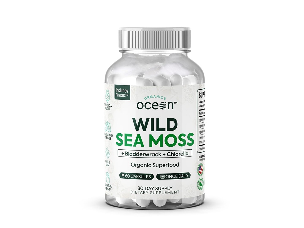 Οργανικοί Ocean Wild Sea Moss Κάψουλες - 100% Βιολογικό Ιρλανδικό Moss με Βιολογικό Chlorella, Bladderwrack και Βιταμίνη D για την ενέργεια, την υγεία του πνεύμονα και το Thyroid Υποστήριξη για γυναίκες και άνδρες - 60 κάψουλες