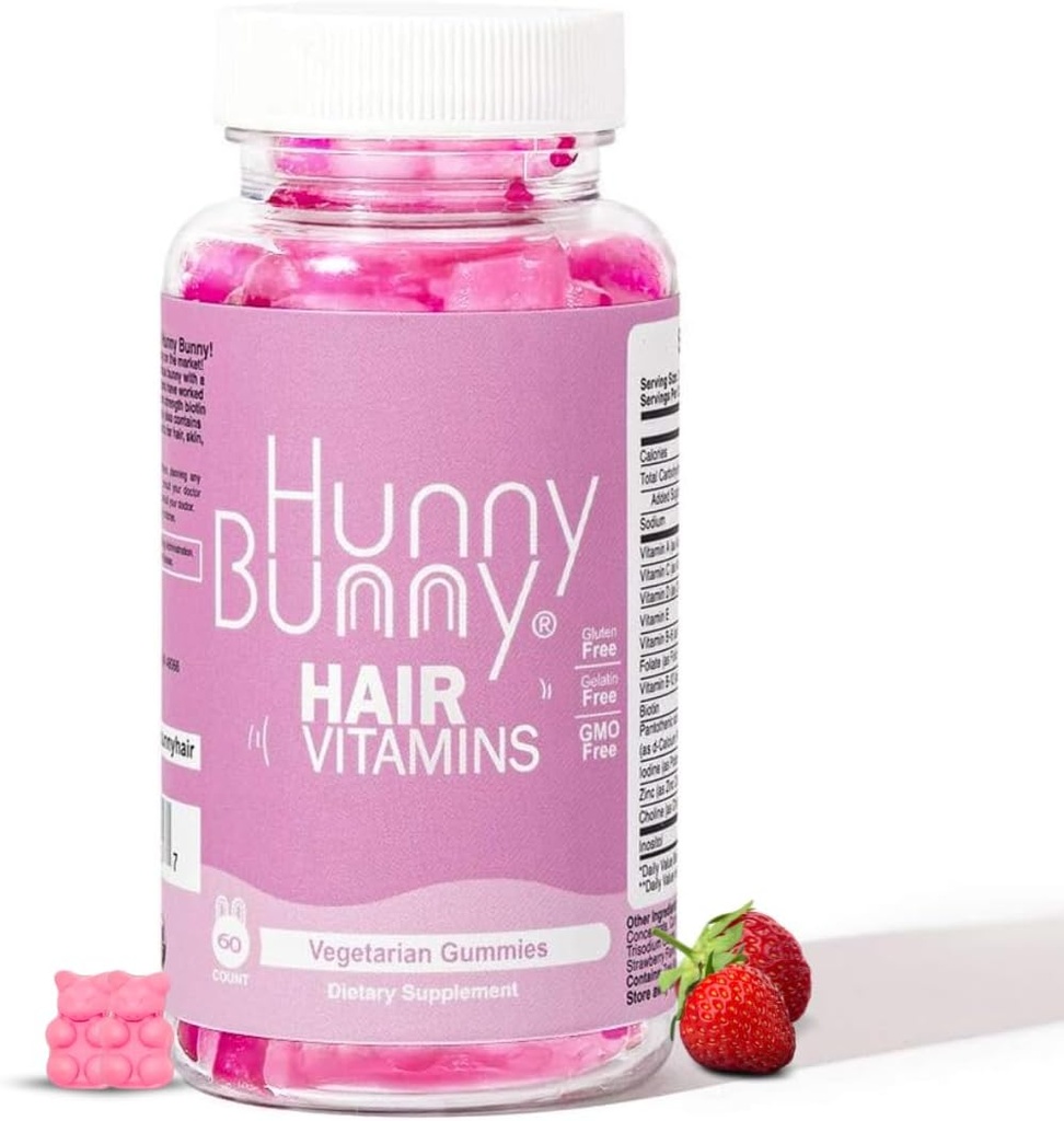 Hunny Bunny Hair Vitamin Gummies - Συμπλήρωμα βιοτίνης με βιταμίνη Α, C, D, E, B6 – Hair Growth, Skin, Nail Vitamins - Μη ΓΤΟ, Χωρίς γλουτένη – 60 Gummies