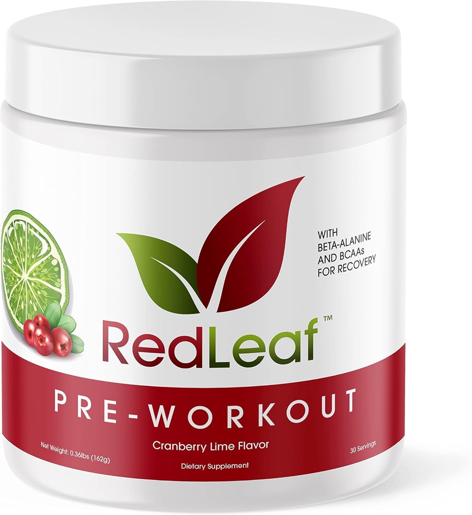 Red Leaf Pre Workout Energizer Powder, BCAA's, Beta-Alanine, Amino Acids και Πράσινο Τσάι για την υποστήριξη του ανοσοποιητικού και πριν από την προπόνηση Ενέργεια, Φυσικό Cranberry Lime Flavor - 30 Υπηρεσίες