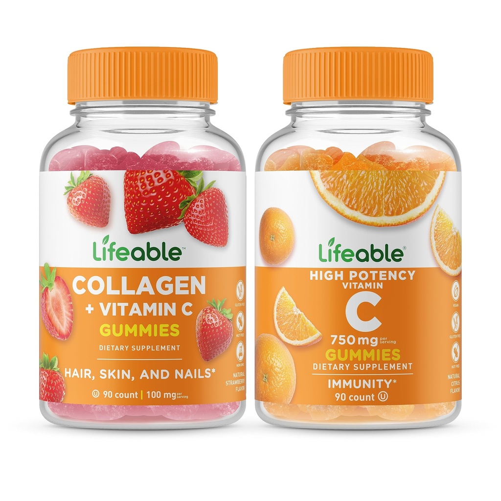 Ζωηρή Κολλαγόνο & Βιταμίνη C + Βιταμίνη C 750mg, Gummies Bundle - Μεγάλη γεύση, συμπλήρωμα βιταμίνης, Χωρίς γλουτένη, GMO Δωρεάν, Μασώμενο Gummy