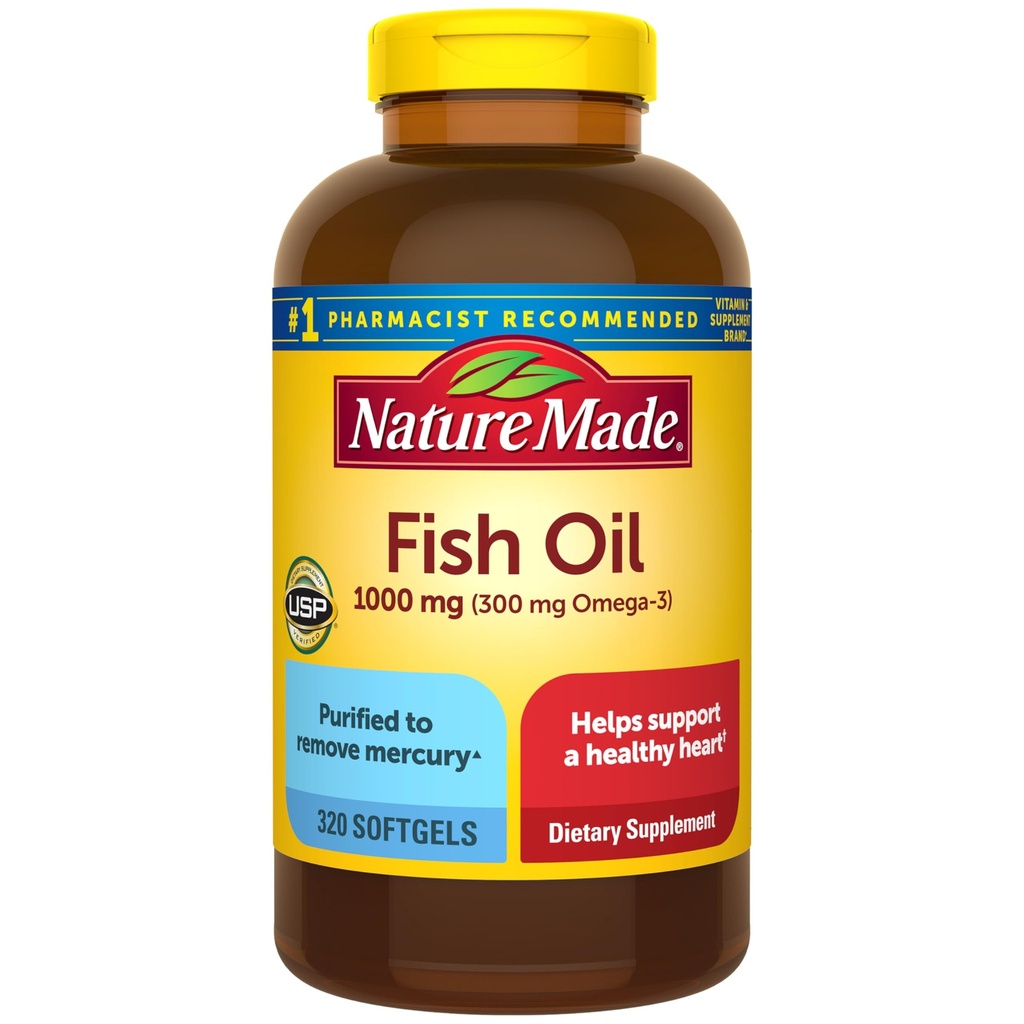 Nature Made Fish Oil Omega 3 Συμπληρώματα, 1000mg Softgels, Omega 3 Fish Oil για την υγιή υποστήριξη της καρδιάς, 320 Softgels, 160 Ημέρα προσφοράς