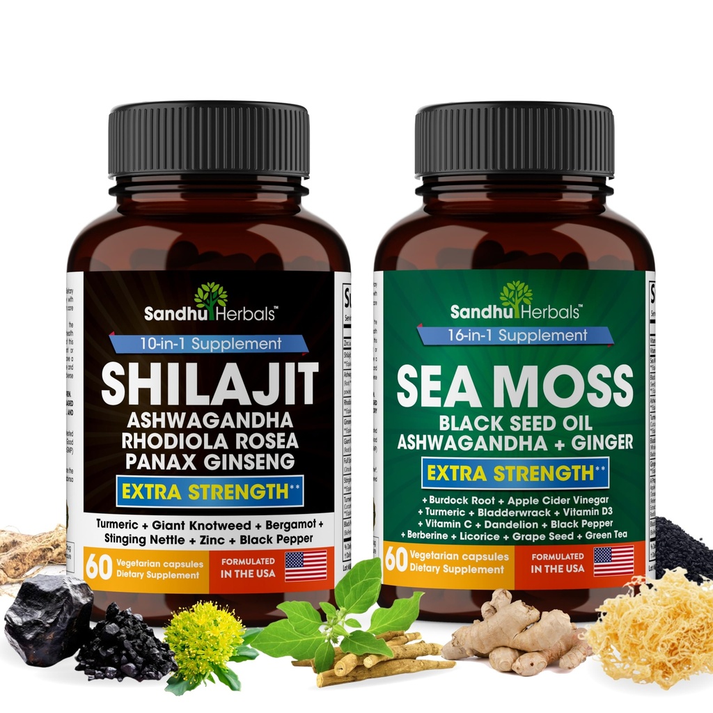 Shilajit Sea Moss Ashwagandha Combo Bundle - Μαύρο λάδι σπόρων, Turmeric, Rhodiola Rosea, Panax, Ginseng συμπλήρωμα 