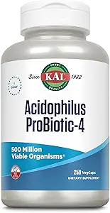 KAL Acidophilus ProBiotic-4, 500 Million CFUs, Four Probiotic Strains, Probiotics for Women and Men, Freeze Dried, L. acidophilus, L. bulgaricus, S. thermophilus, B. bifidum, 250 Servings, 250 VegCaps