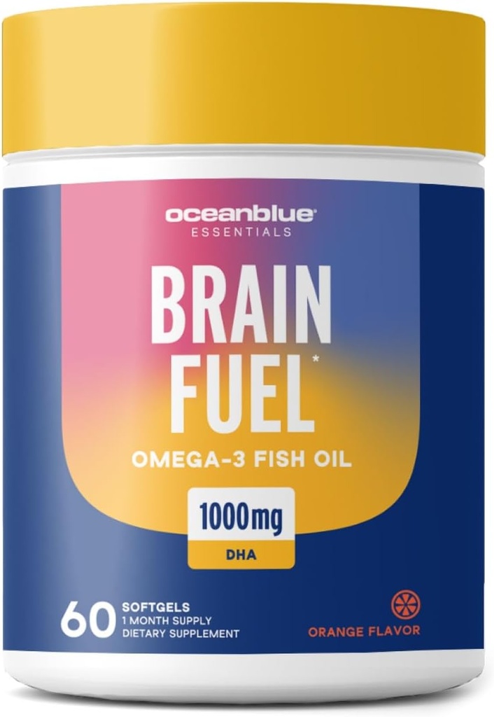 Oceanblue Essentials Brain Fuel – 60ct – Burpless Fish Oil – High Potency Omega 3 DHA Supplement for Brain and Eye Support –1000 mg – Tasty Orange Flavor – 1 Month Supply